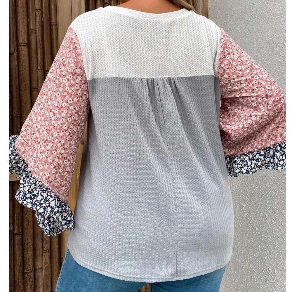 Plus Floral Print Waffle Knit 3/4 Ruffle Sleeve Top - Picture 4 of 8